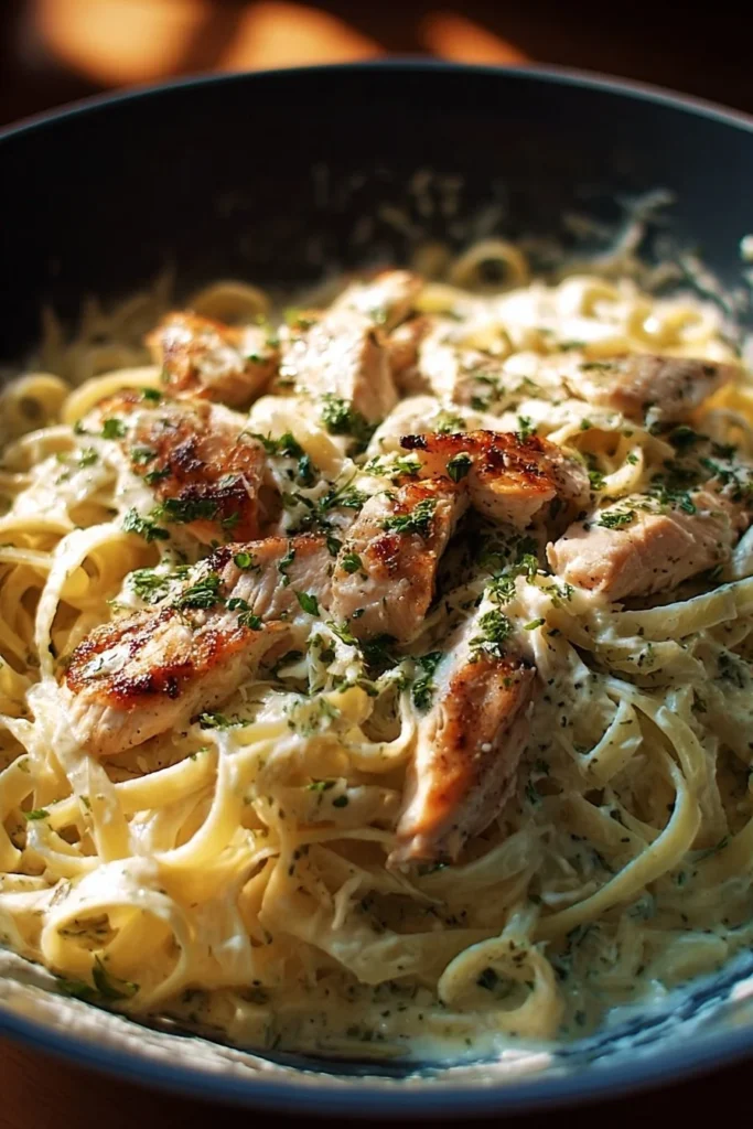 Delicious creamy garlic parmesan chicken fettuccine served in a bowl