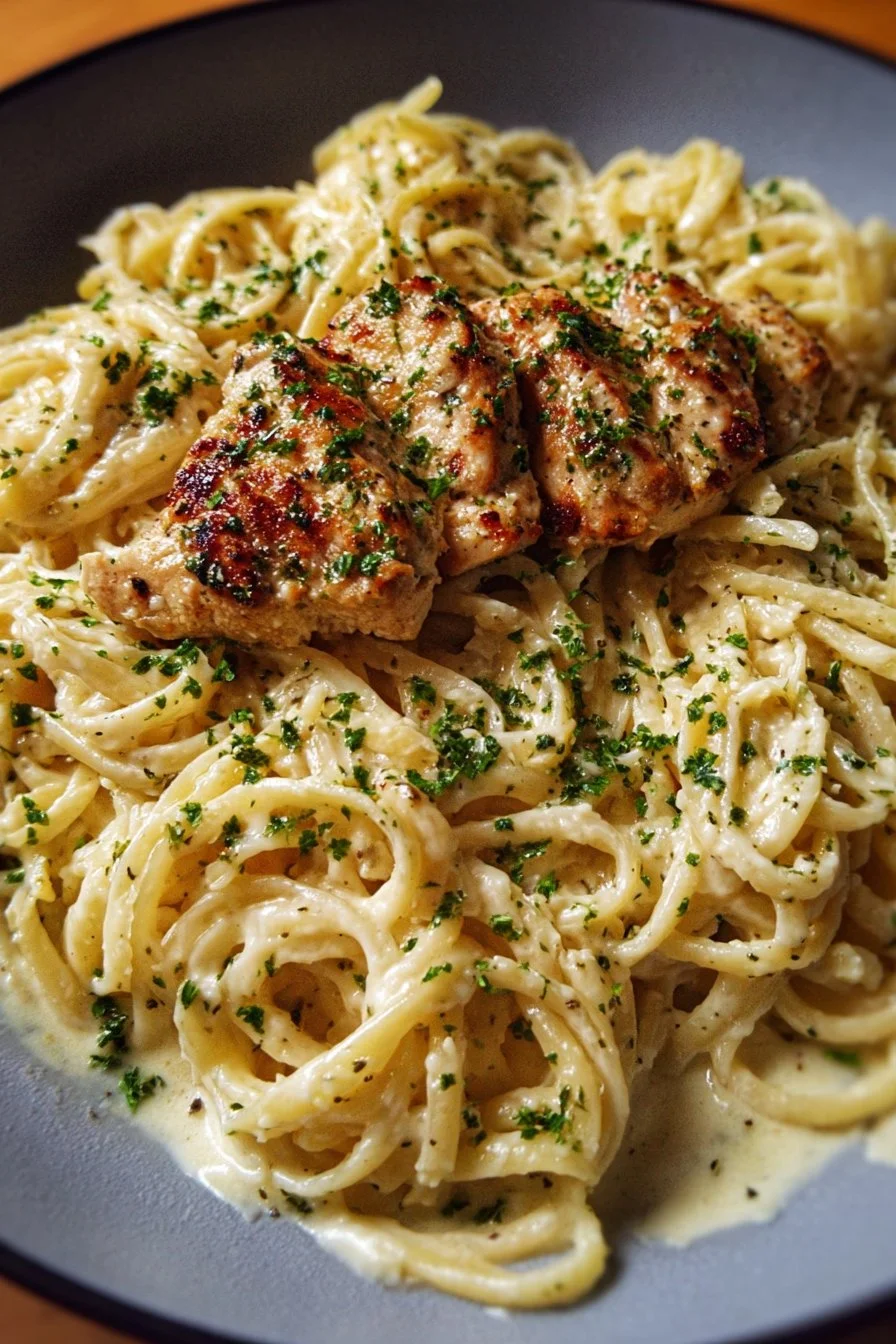 Creamy Garlic Parmesan Chicken Pasta served in a bowl with fresh herbs