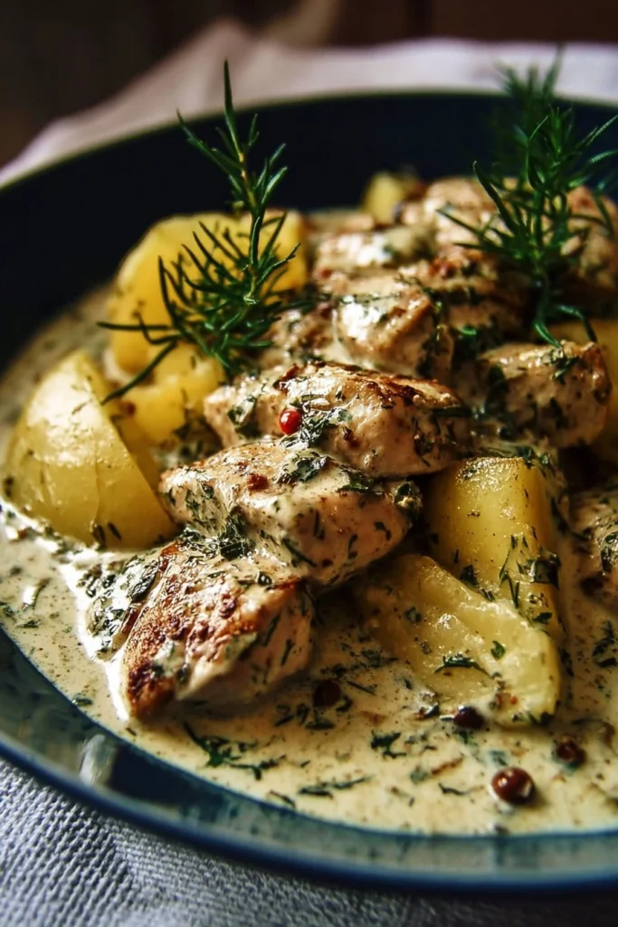 Delicious creamy herb chicken served on a bed of buttered potatoes.