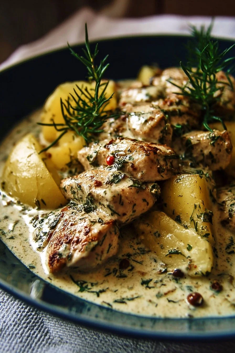 Delicious creamy herb chicken served on a bed of buttered potatoes.