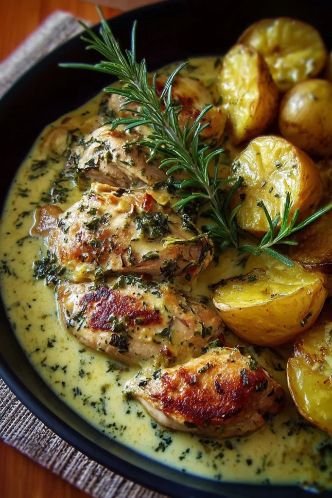 Plate of creamy herby chicken with roasted potatoes, garnished with fresh herbs.