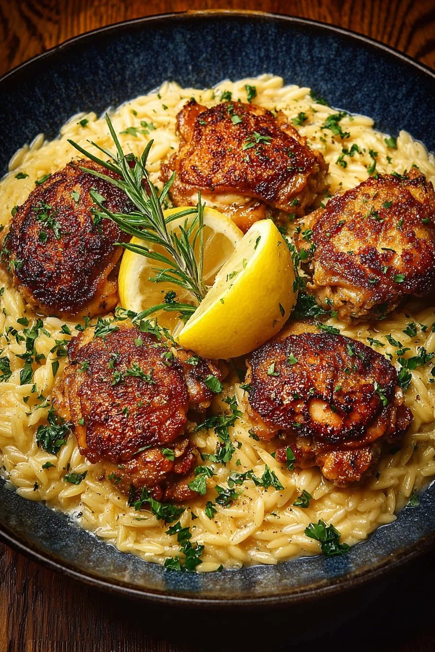 Creamy lemon orzo served with crispy chicken thighs for a delicious meal
