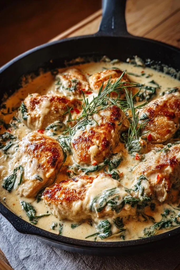Creamy Parmesan Chicken Skillet served on a white plate with herbs