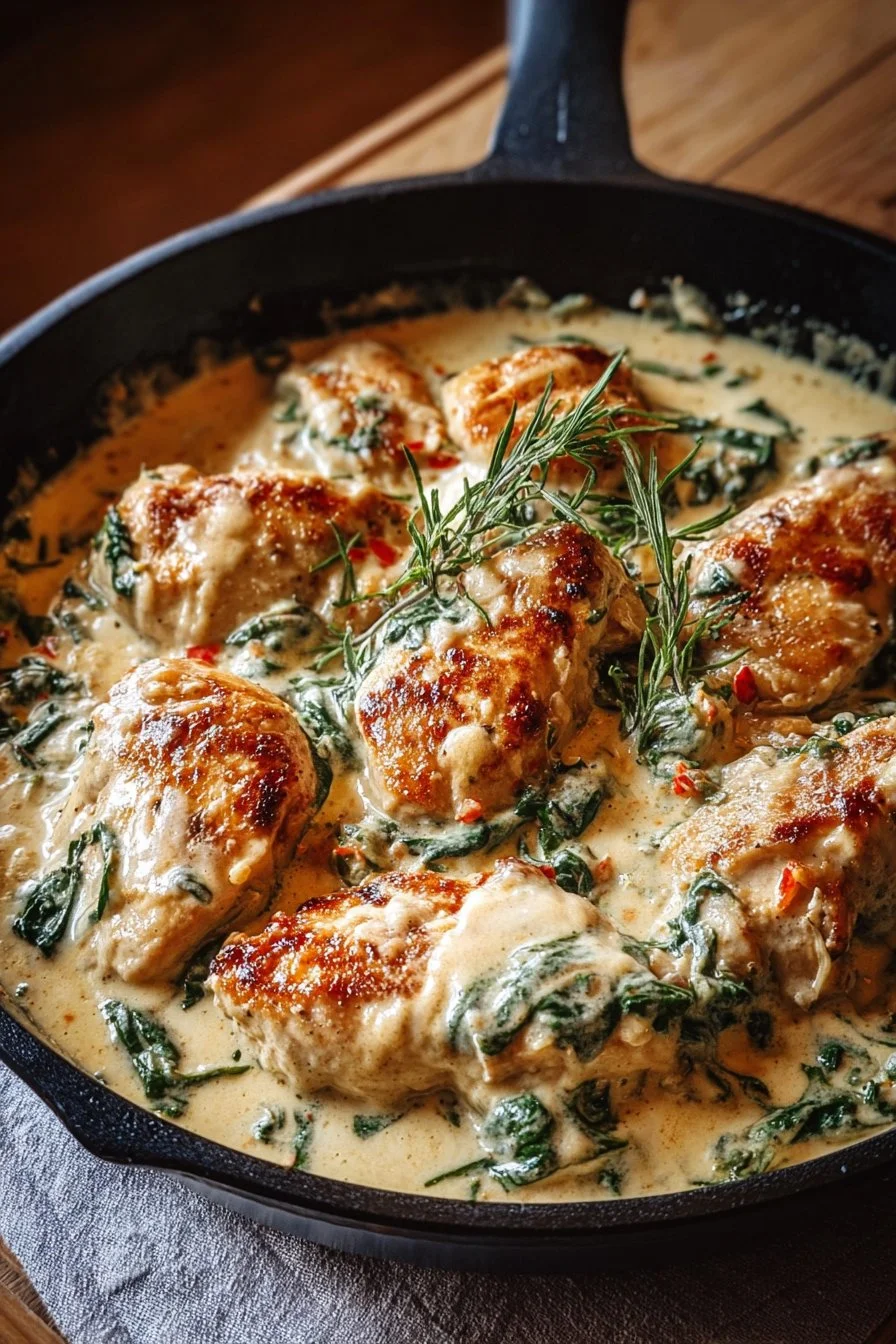 Creamy Parmesan Chicken Skillet served on a white plate with herbs