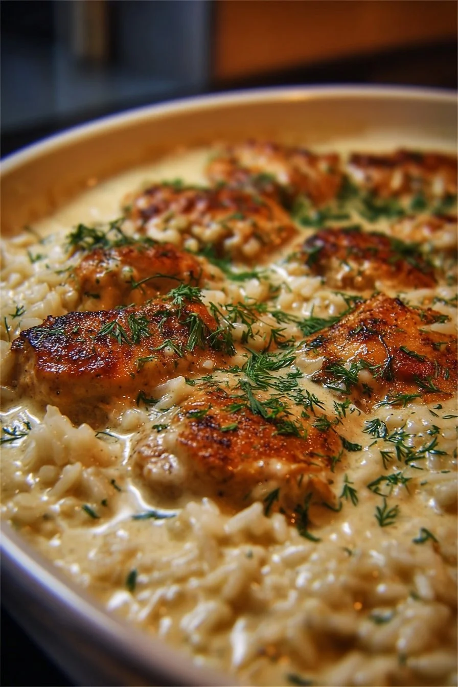 Creamy smothered chicken and rice bake served in a casserole dish