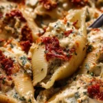 Creamy sun-dried tomato and ricotta stuffed shells on a plate