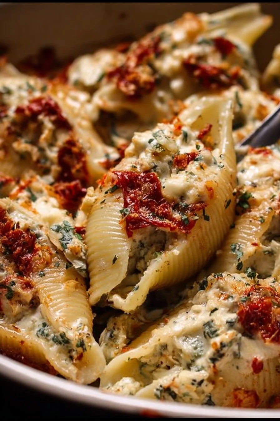 Creamy sun-dried tomato and ricotta stuffed shells on a plate