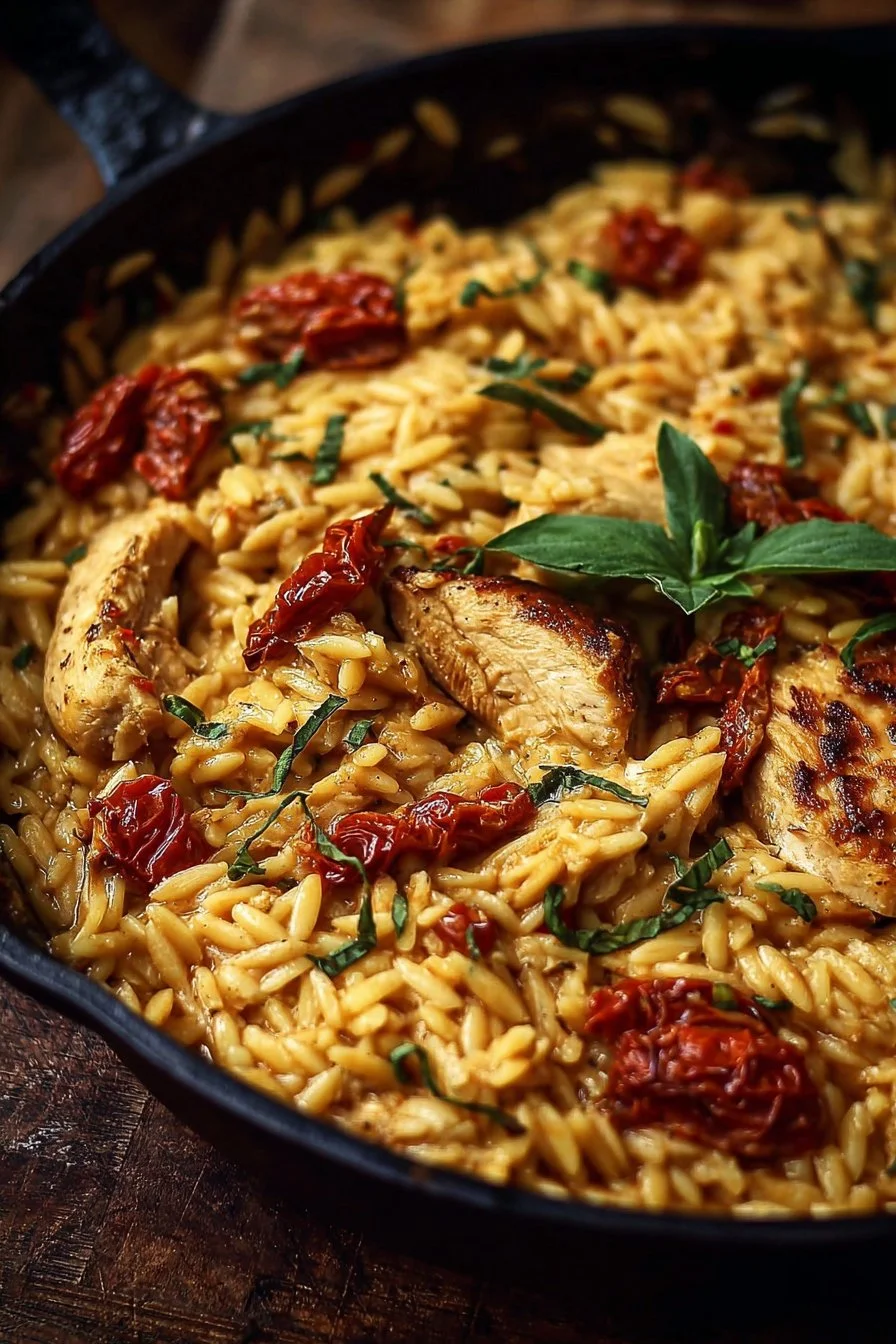 Creamy sun-dried tomato chicken orzo served in a bowl.