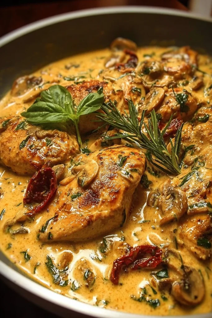 Creamy Tuscan chicken dish served with vegetables and herbs