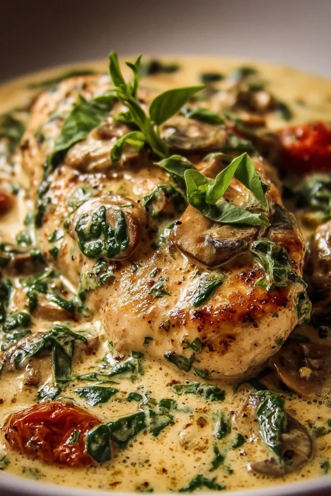 Delicious creamy Tuscan chicken served with herbs and vegetables