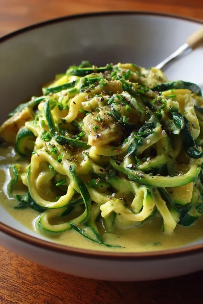 Creamy zucchini noodles served with cashew sauce, a healthy and delicious dish
