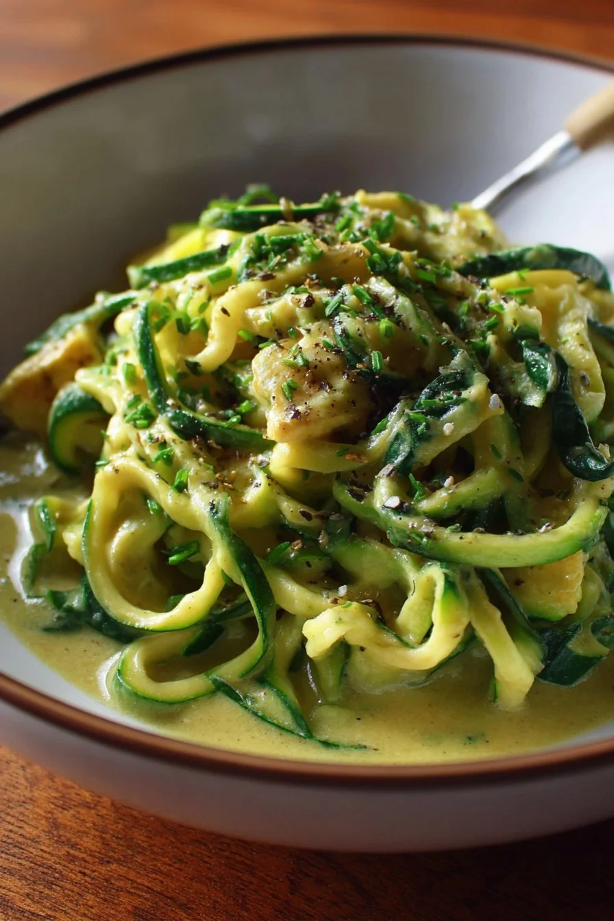 Creamy zucchini noodles served with cashew sauce, a healthy and delicious dish