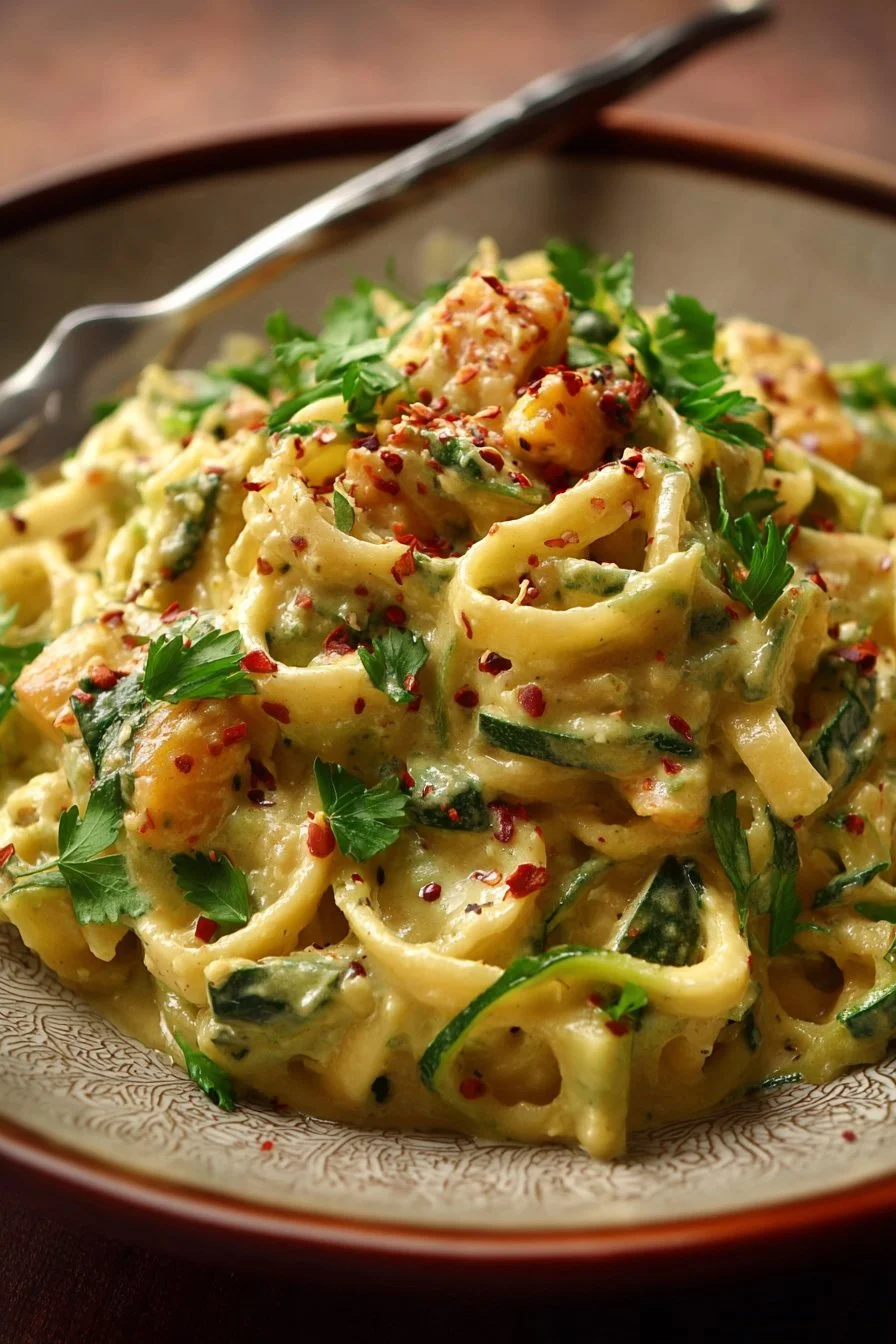 Creamy zucchini pasta with cashew-coconut sauce served in a bowl