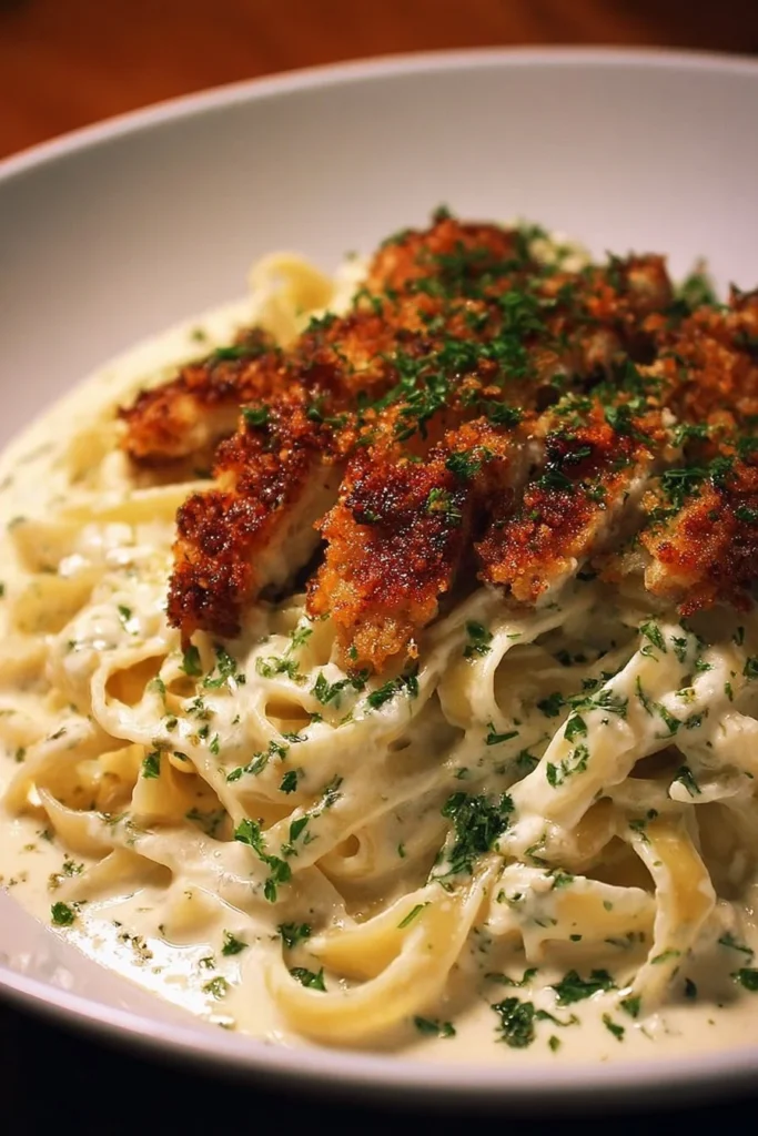 Crispy chicken fettuccine alfredo served on a plate with fresh herbs