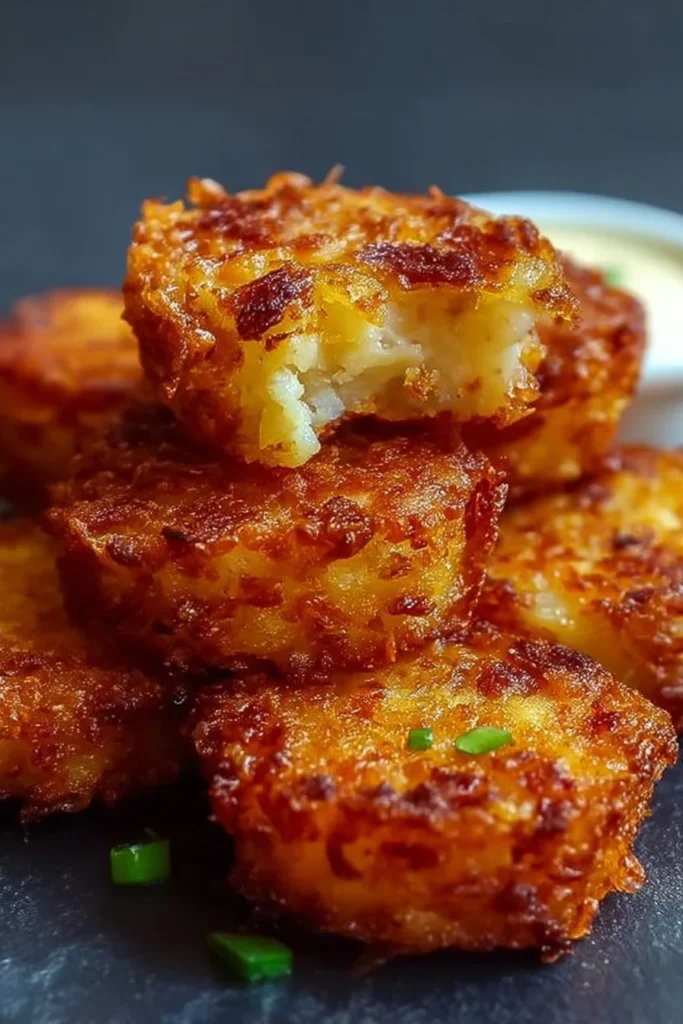Plate of crispy loaded hashbrown bites with cheese and toppings