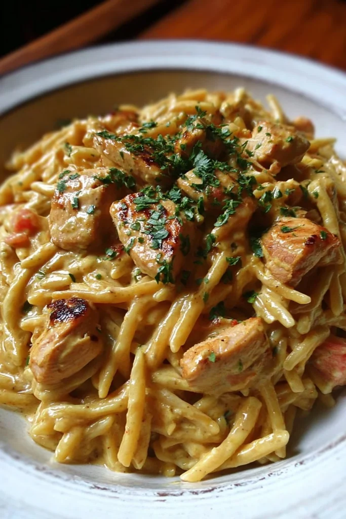 Crock Pot Creamy Cajun Chicken Pasta garnished with parsley in a bowl