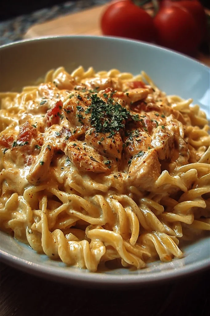 Bowl of delicious Crock Pot Creamy Cajun Chicken Pasta garnished with parsley