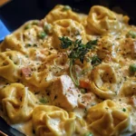 Crockpot Cheddar Chicken Pot Pie Tortellini garnished with herbs