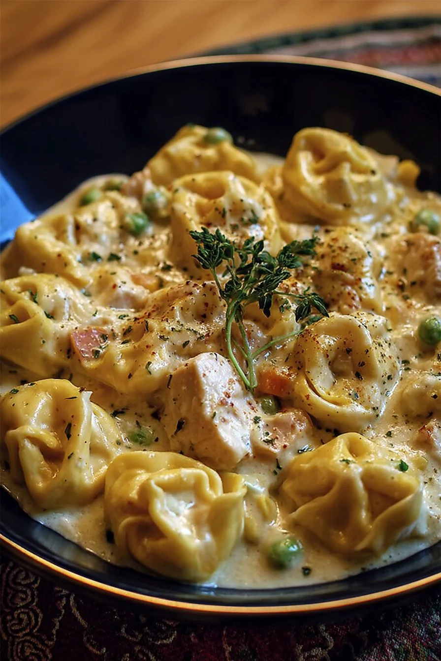 Crockpot Cheddar Chicken Pot Pie Tortellini garnished with herbs