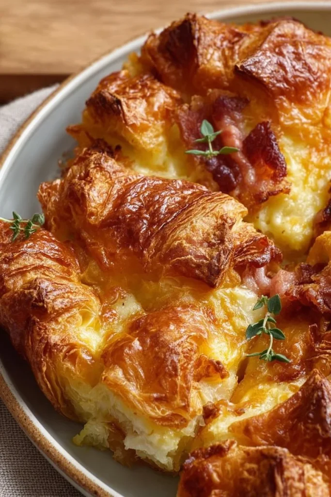 Delicious croissant breakfast casserole topped with cheese and herbs