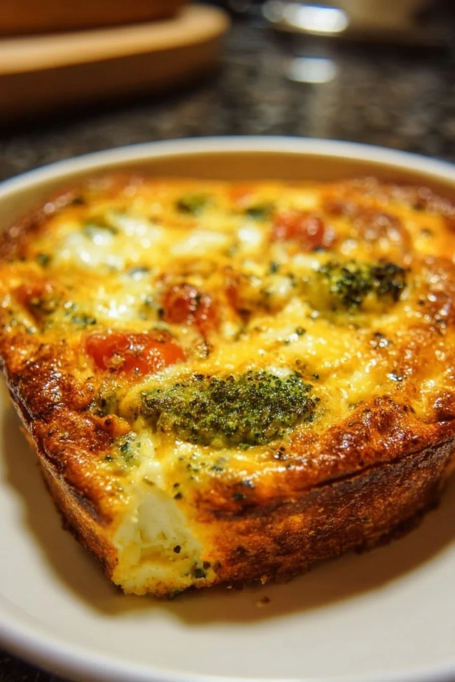 Delicious crustless quiche garnished with fresh herbs and vegetables
