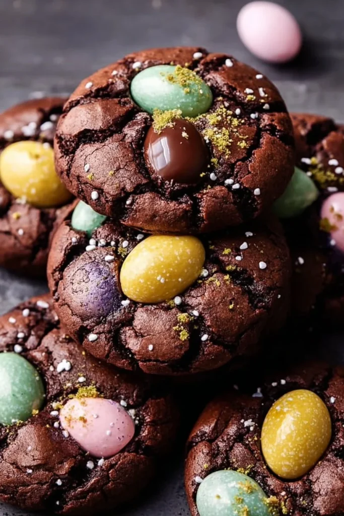 Delicious double chocolate Easter egg brownie cookies on a plate