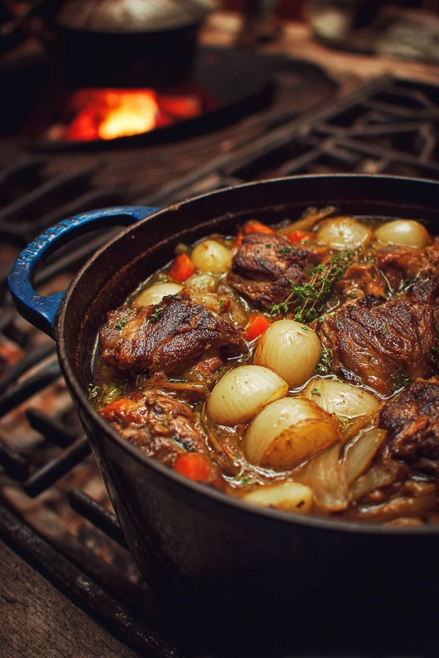 Delicious Dutch oven braise dish served in a rustic kitchen setting