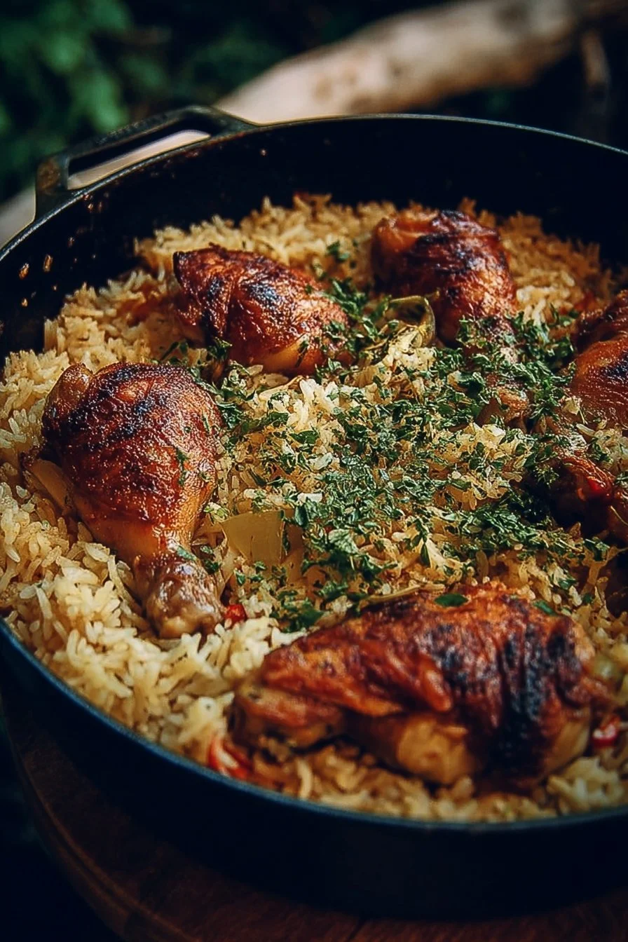 Delicious Dutch Oven Chicken and Rice served in a rustic pot