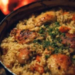 Delicious Dutch Oven Chicken and Rice dish with fresh herbs and vegetables.