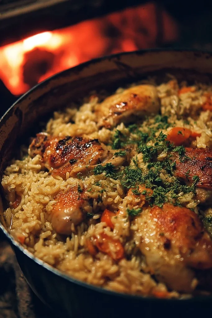 Delicious Dutch Oven Chicken and Rice dish with fresh herbs and vegetables.