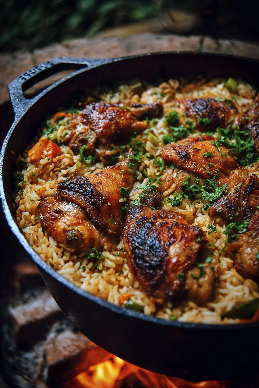 Dutch oven chicken and rice dish ready to serve