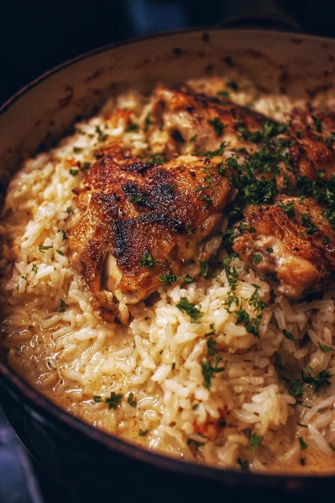 Dutch Oven Chicken and Rice served with fresh herbs.