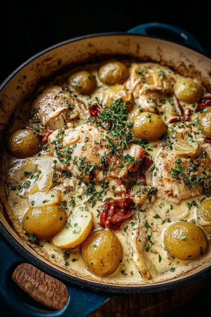 Dutch Oven Creamy Ranch Chicken with Potatoes served in a rustic pot