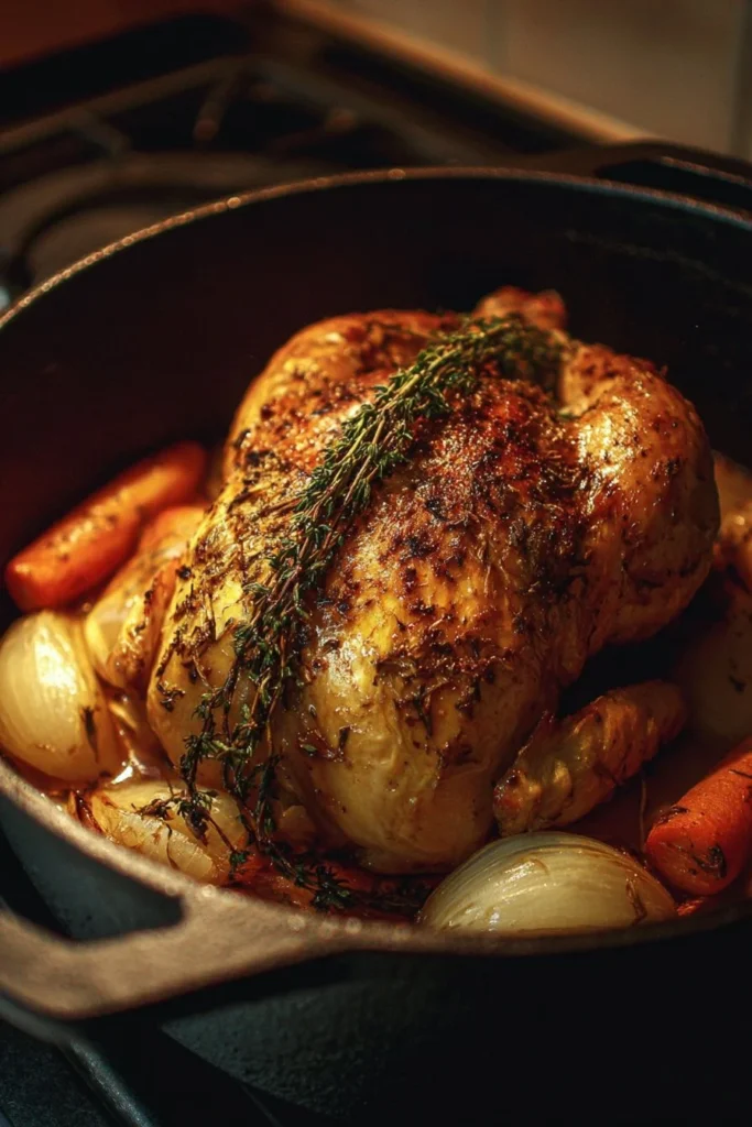 Delicious Dutch Oven Roast Chicken garnished with herbs and vegetables