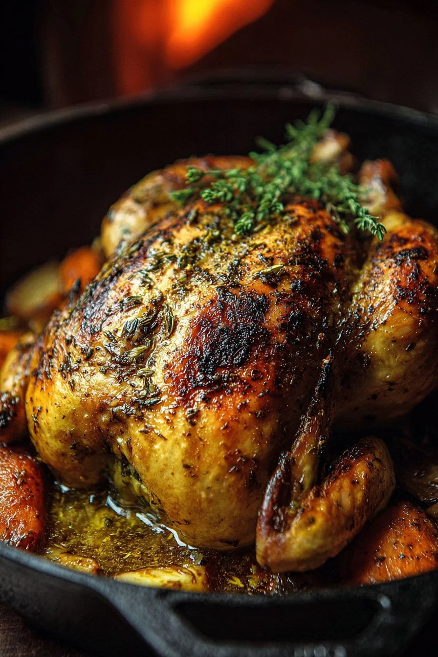 Delicious Dutch Oven Roast Chicken with herbs and vegetables