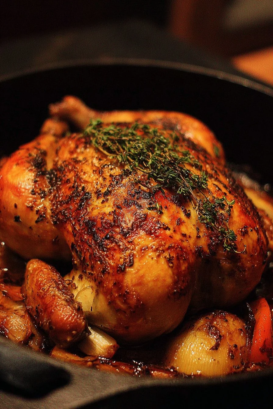 Delicious Dutch Oven Roast Chicken garnished with herbs and vegetables