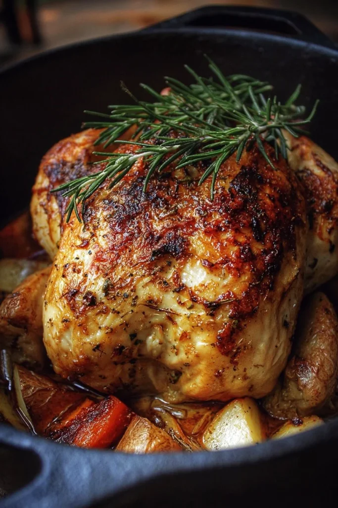 Delicious Dutch Oven roast chicken served with herbs and vegetables.
