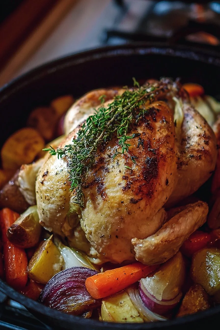 Dutch oven roast chicken with root vegetables, beautifully presented on a plate.
