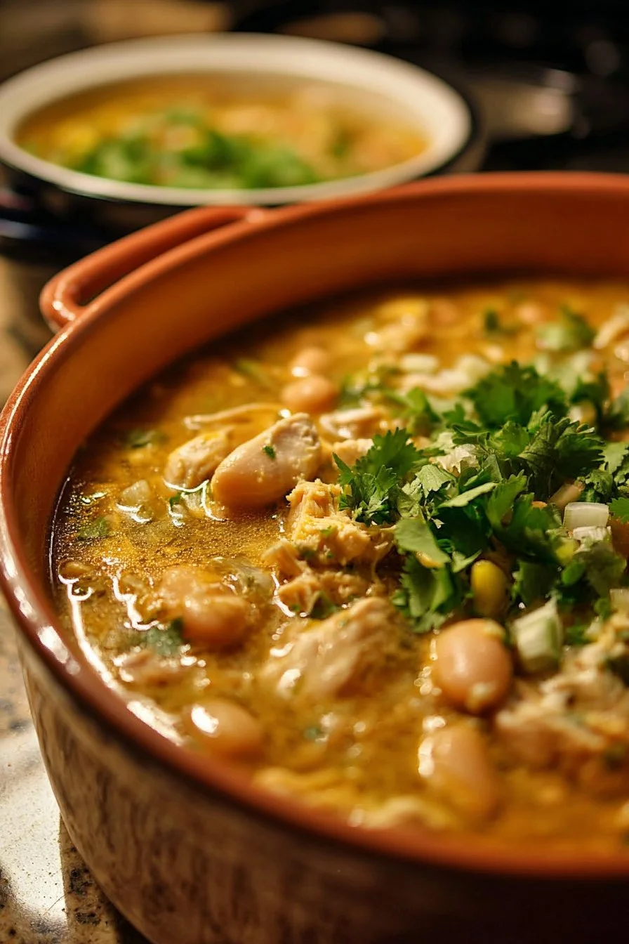 Delicious Dutch Oven White Chicken Chili served in a rustic bowl with toppings.