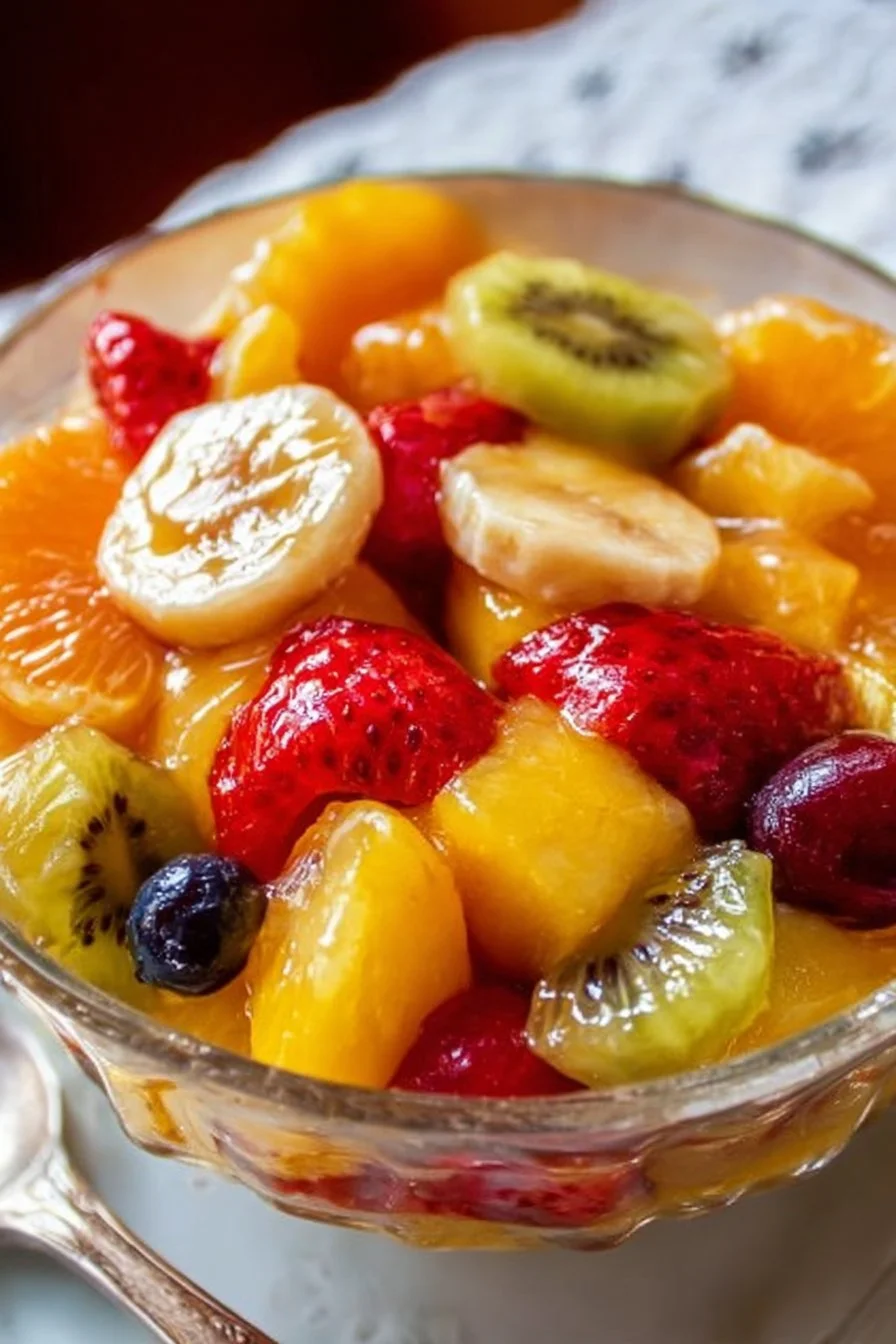 Easter Fruit Salad topped with peach pie filling in a decorative bowl.