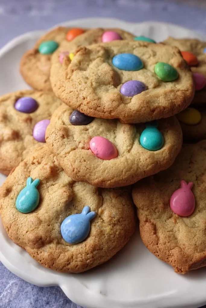 Colorful Easter M&M cookies fresh out of the oven topped with chocolate candies