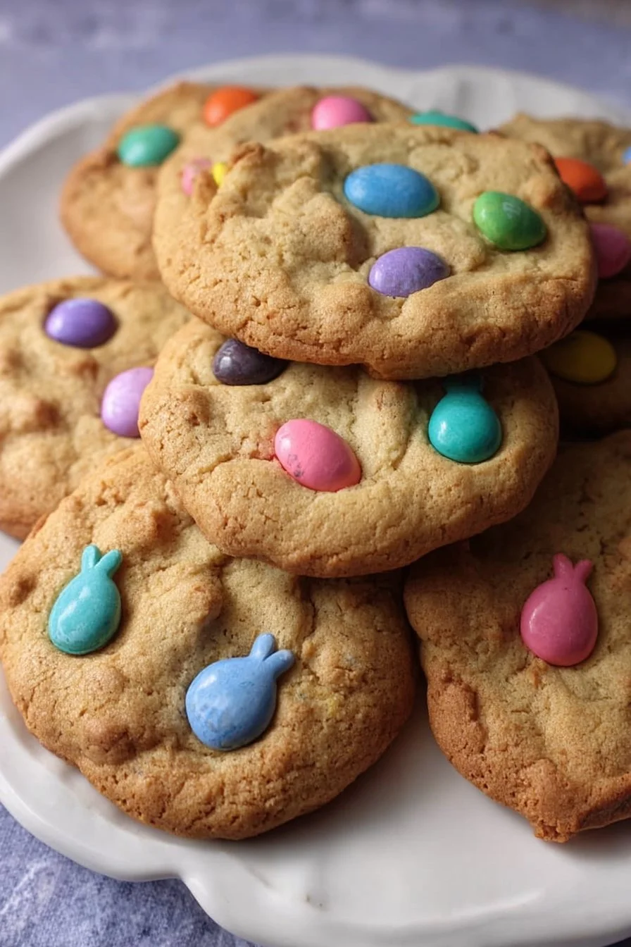 Colorful Easter M&M cookies fresh out of the oven topped with chocolate candies