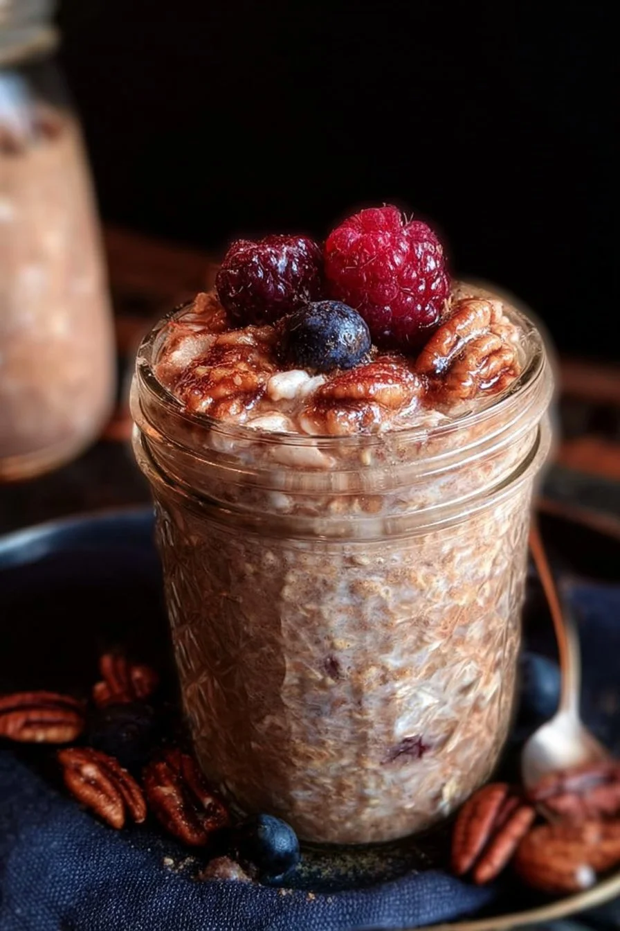 Bowl of easy brown sugar overnight oats topped with fruits and nuts