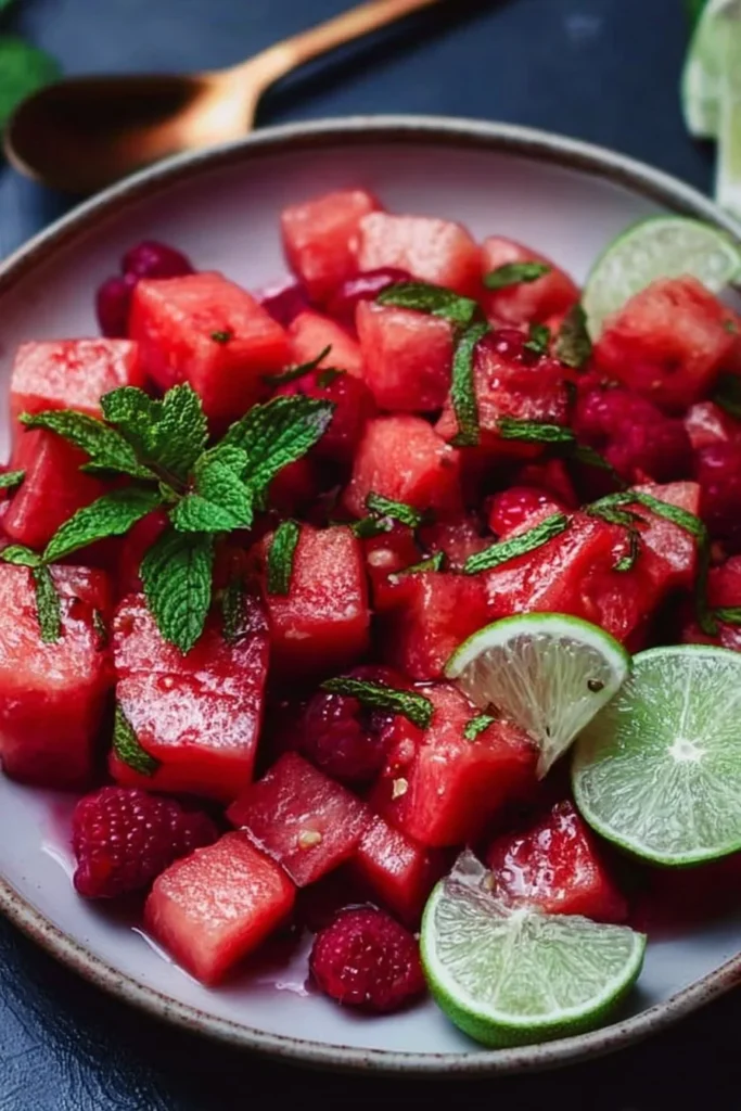 Easy keto watermelon fruit salad with lime mint dressing
