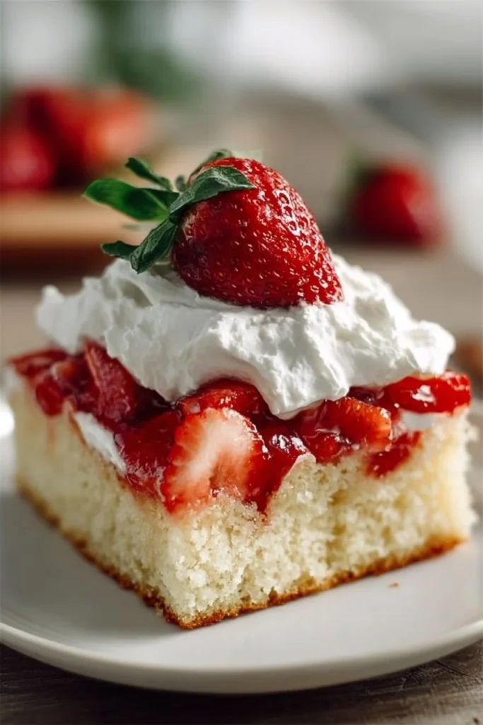 Easy strawberry shortcake sheet cake topped with fresh strawberries and whipped cream