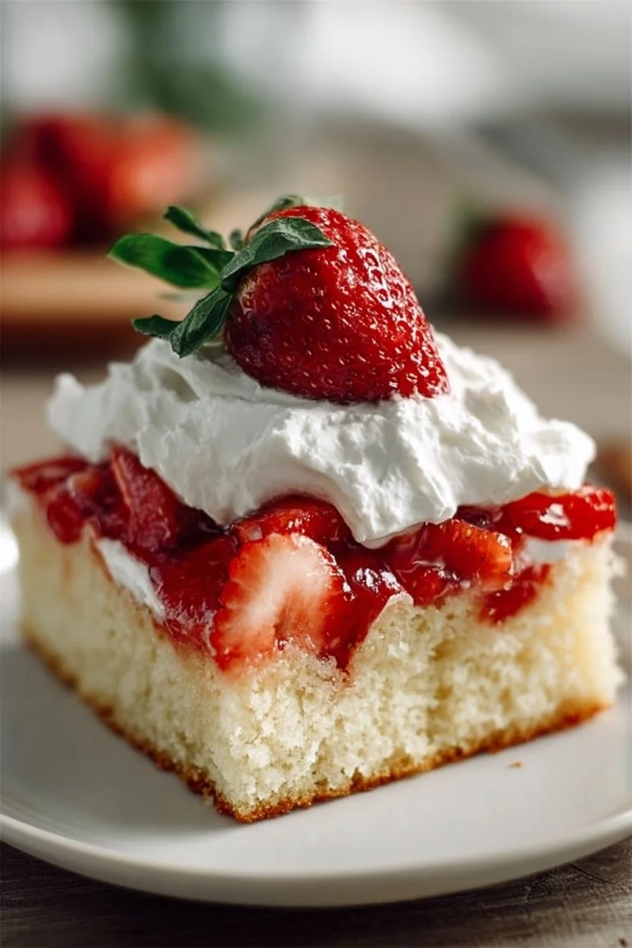 Easy strawberry shortcake sheet cake topped with fresh strawberries and whipped cream