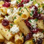 Feta cranberry rigatoni salad with lemon vinaigrette in a bowl