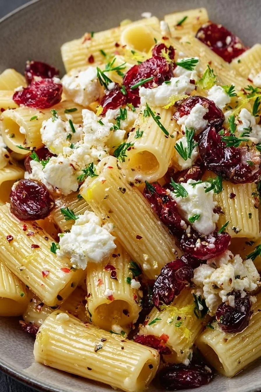 Feta cranberry rigatoni salad with lemon vinaigrette in a bowl