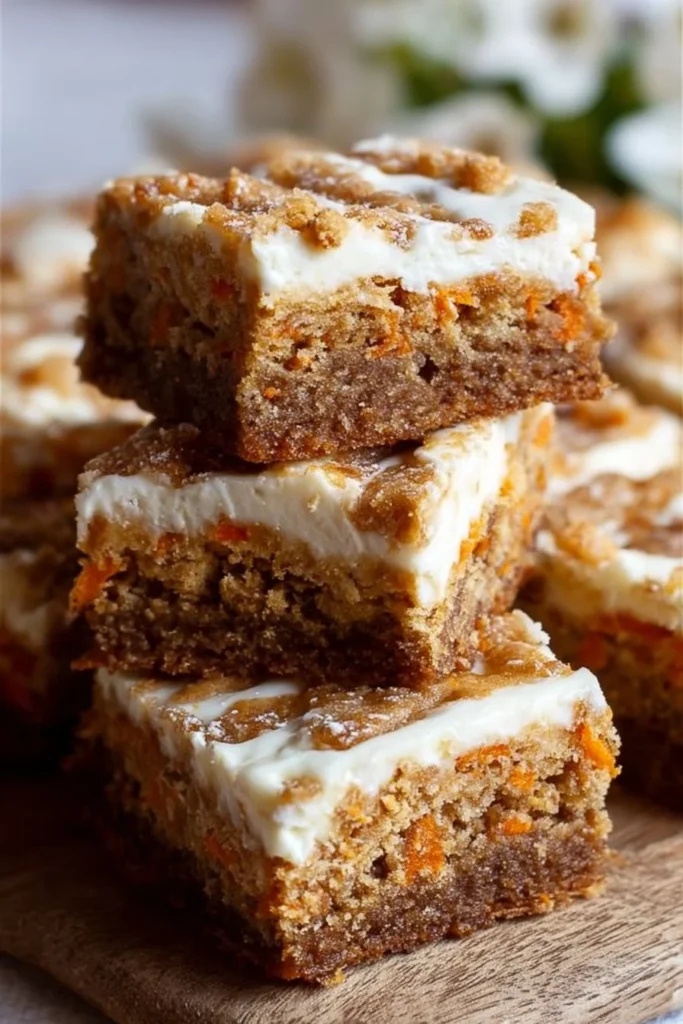 Fluffy Easter carrot cake bars with cream cheese frosting on a plate.