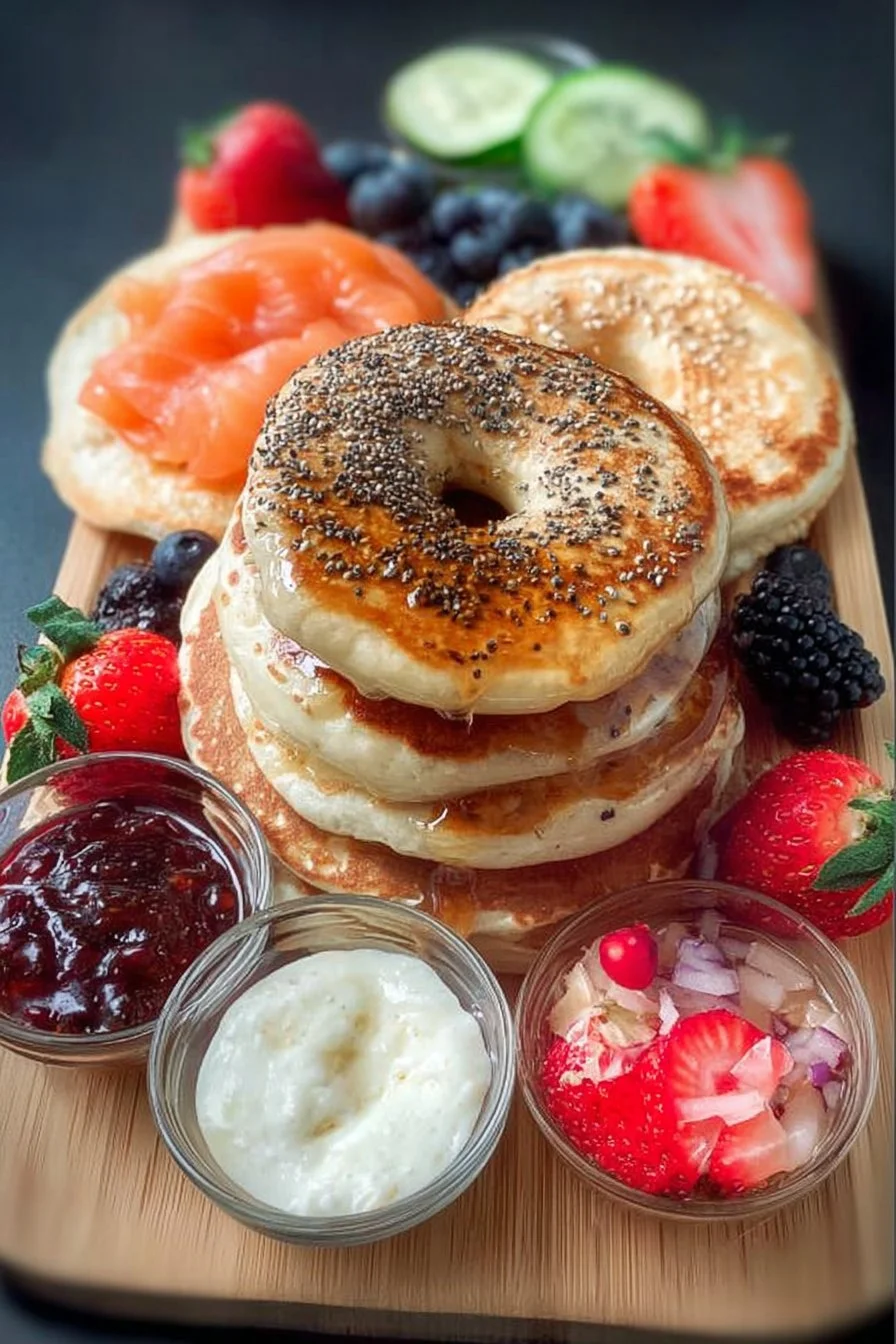 Fluffy pancakes stacked on a plate with syrup and berries